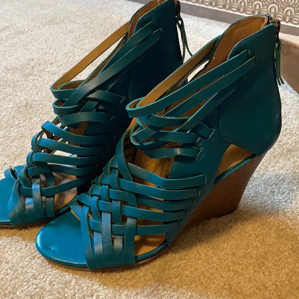 Nine West woven leather wedge sandals in teal (or turquoise).  Size 8.5.